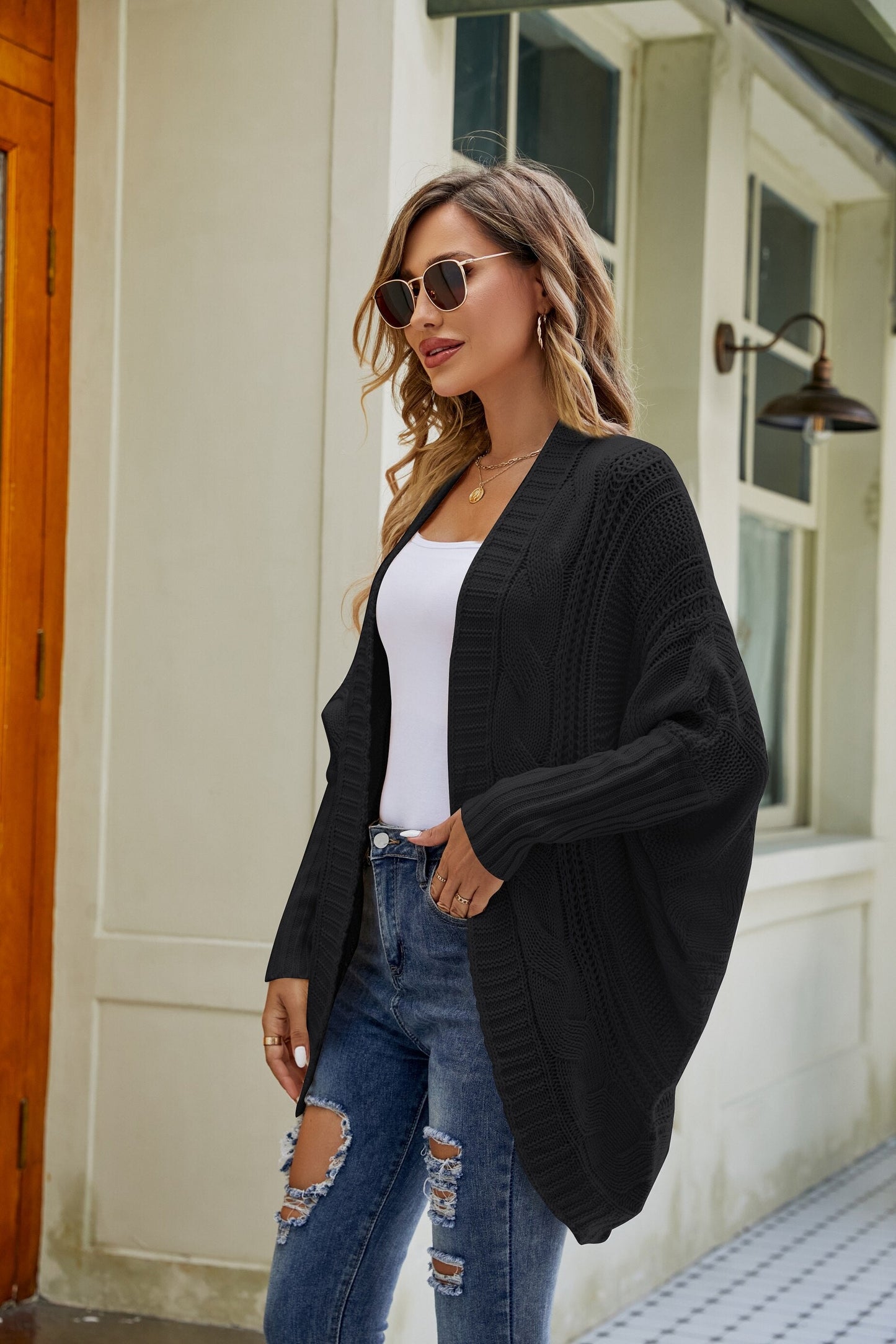 Long V-Neck Solid Color Sleeve Knitted Cardigan