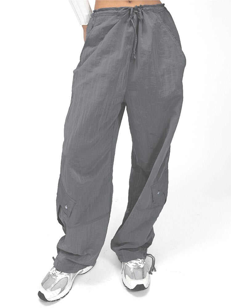 Lace Up Drawstring Pocket Baggy Gray Pants