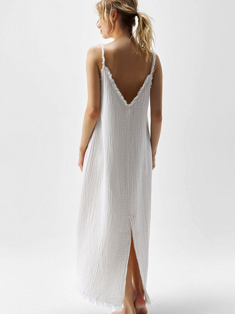 White Backless V-Neck Spaghetti Strap Night Dress