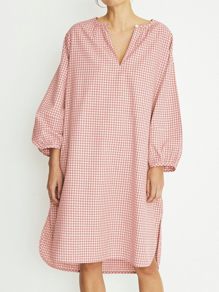 Loose Pink Plaid Night Dress