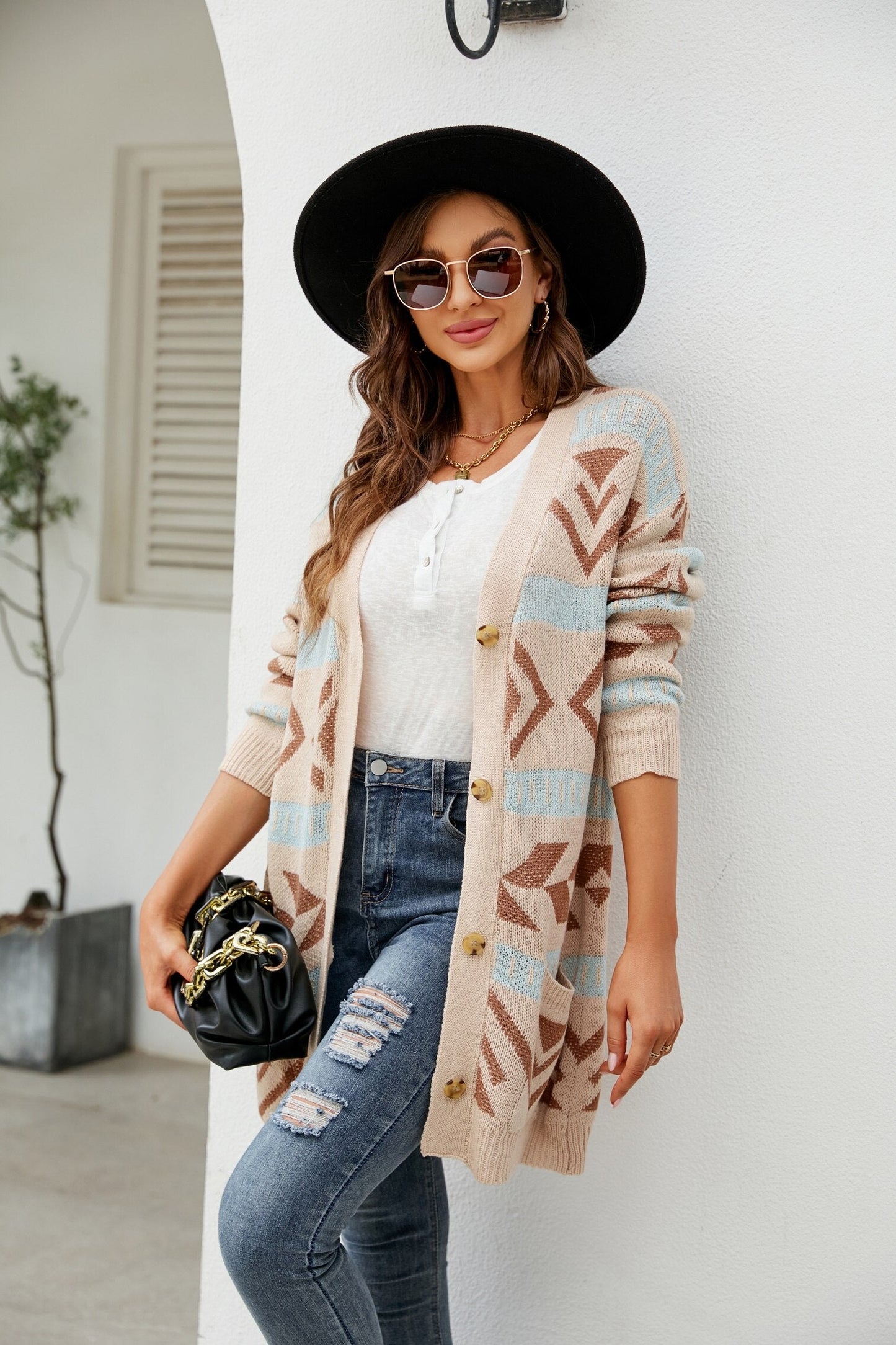 Long Geometric Knit V-Neck Sweater