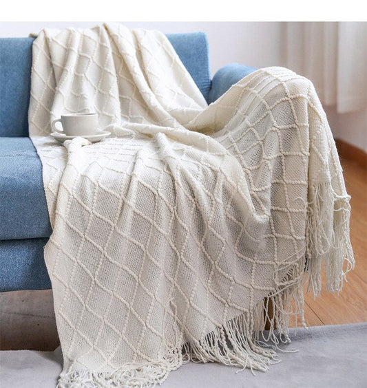 Nordic Soft Bohemia Plaid Blanket-White