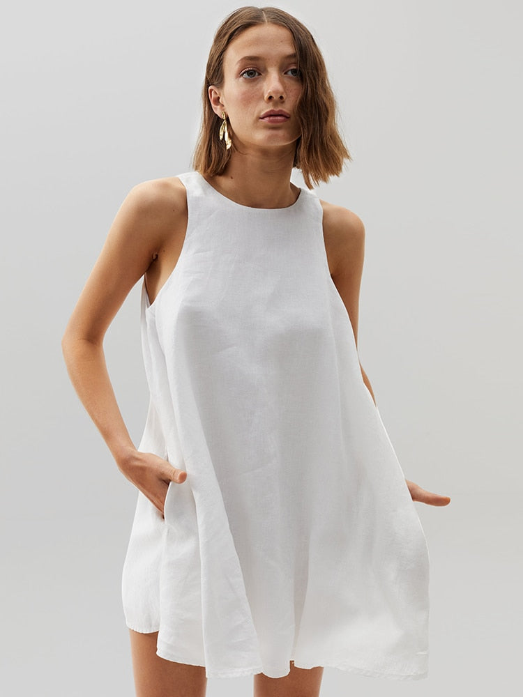 White Sleeveless O-Neck Cotton Night Dress