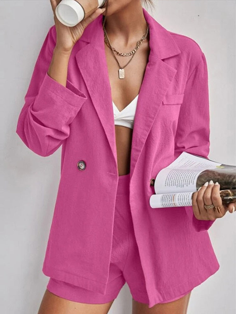 Women Blazer Shorts 2 Piece Sets 2022 Summer Casual Office Lady Minimalism Outfits Lapel Solid Tops And High Waist Shorts Suits