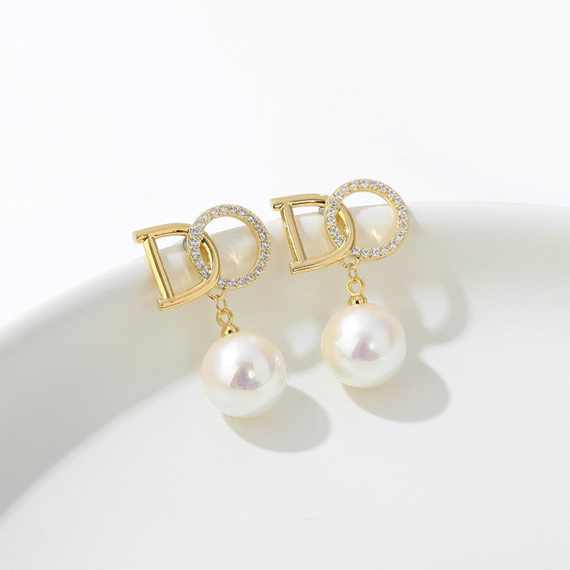 Crystal Pearl Gold Color Drop Earrings