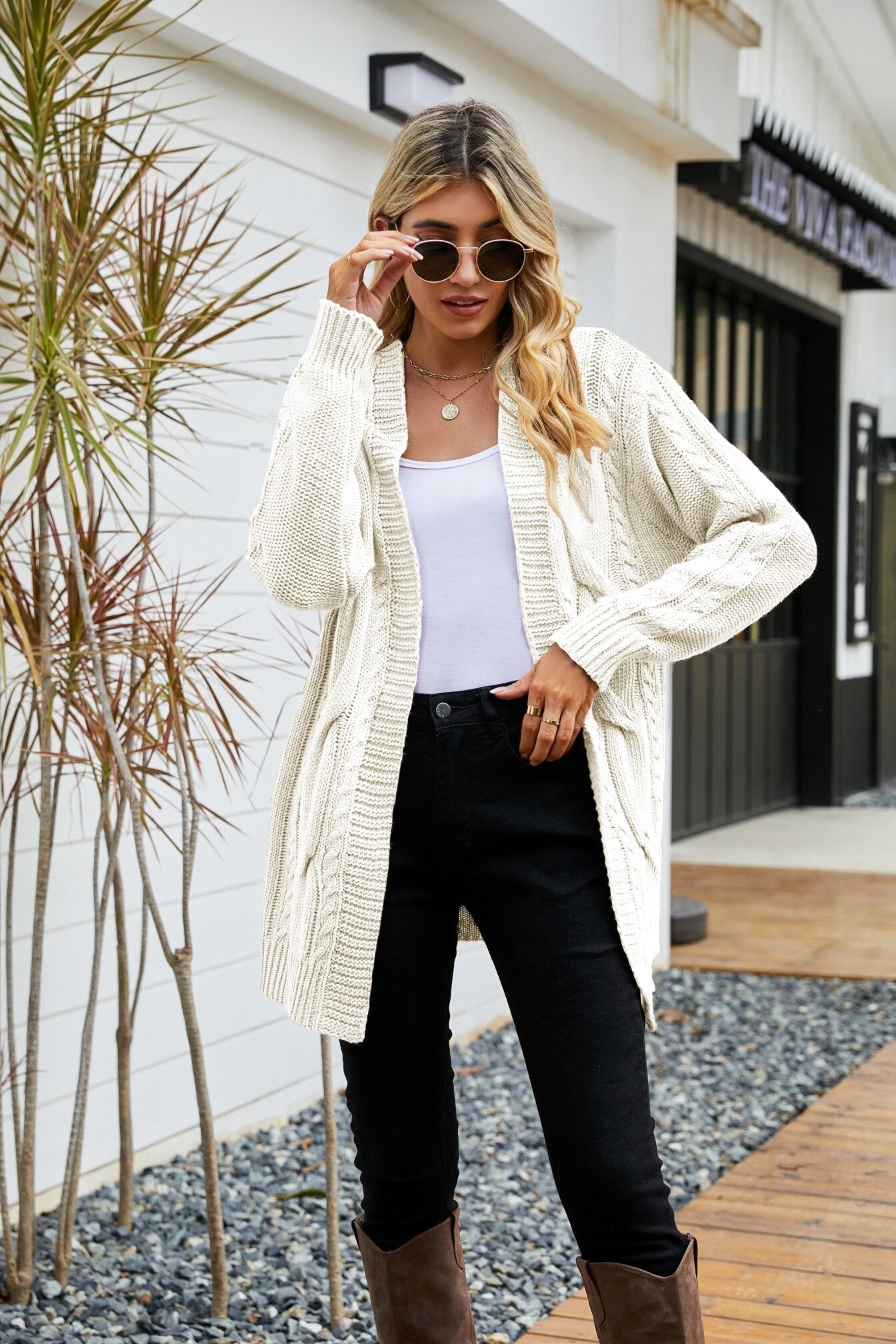 V Neck Solid Color Loose Casual Twist Long Cardigan