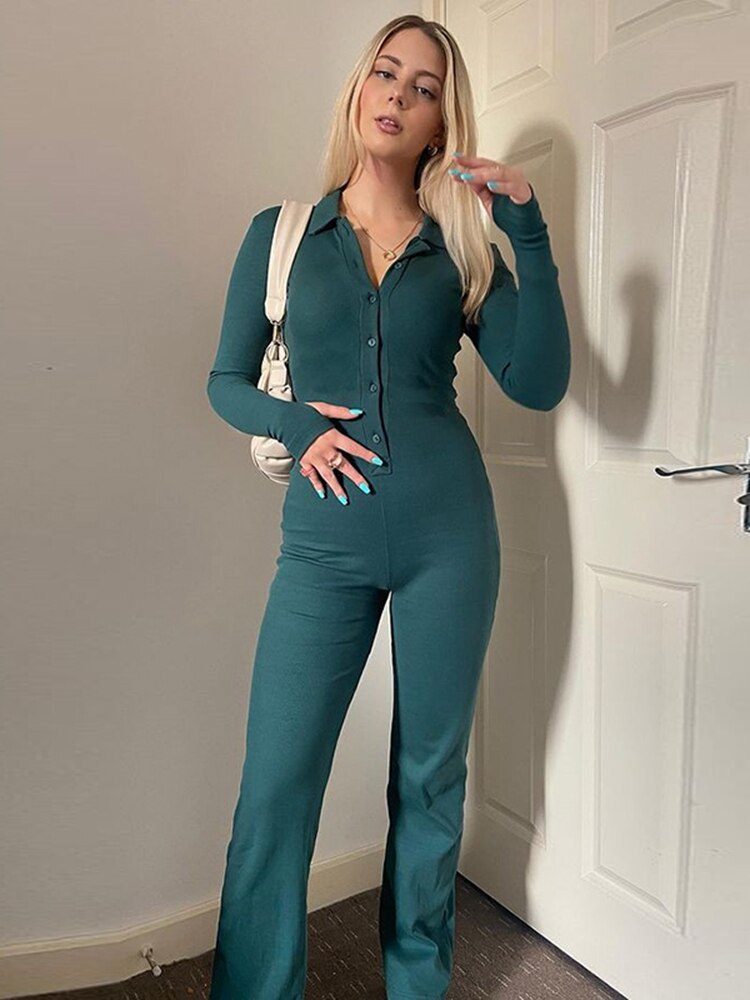 Casual Ribbed Long Sleeve Jumpsuit