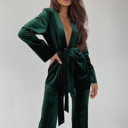 Deep V Neck Velvet Two Piece Set