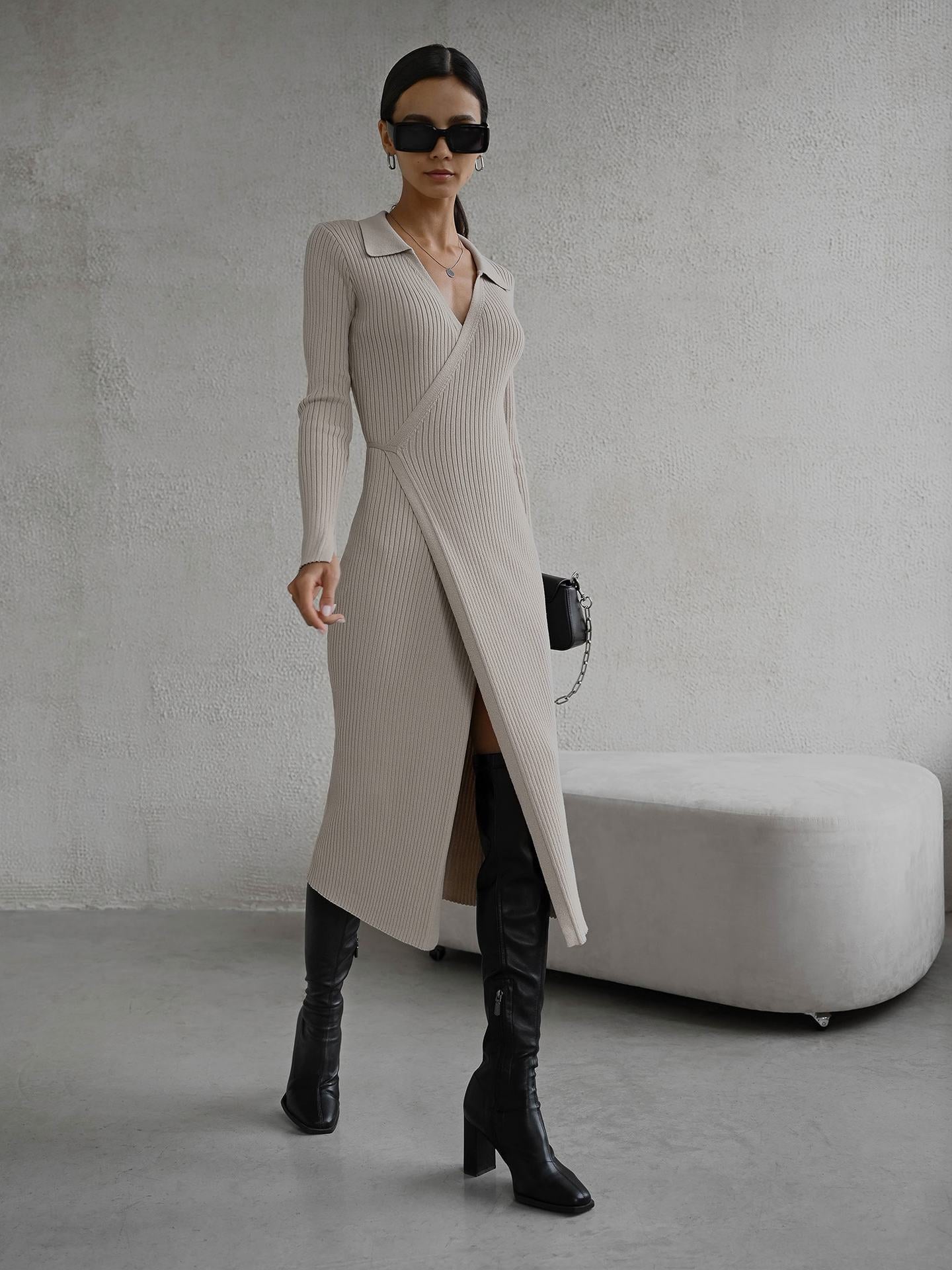 Elegant Knitted Long Sleeve Midi Dress