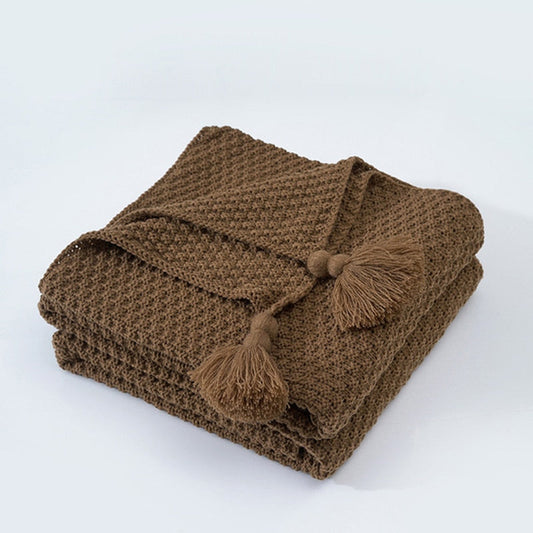 Warm Cozy Nordic Tasseled Knit Blanket-Brown