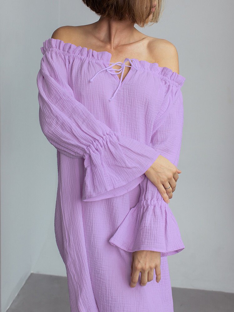 Ruffled Purple Cotton Night Dress