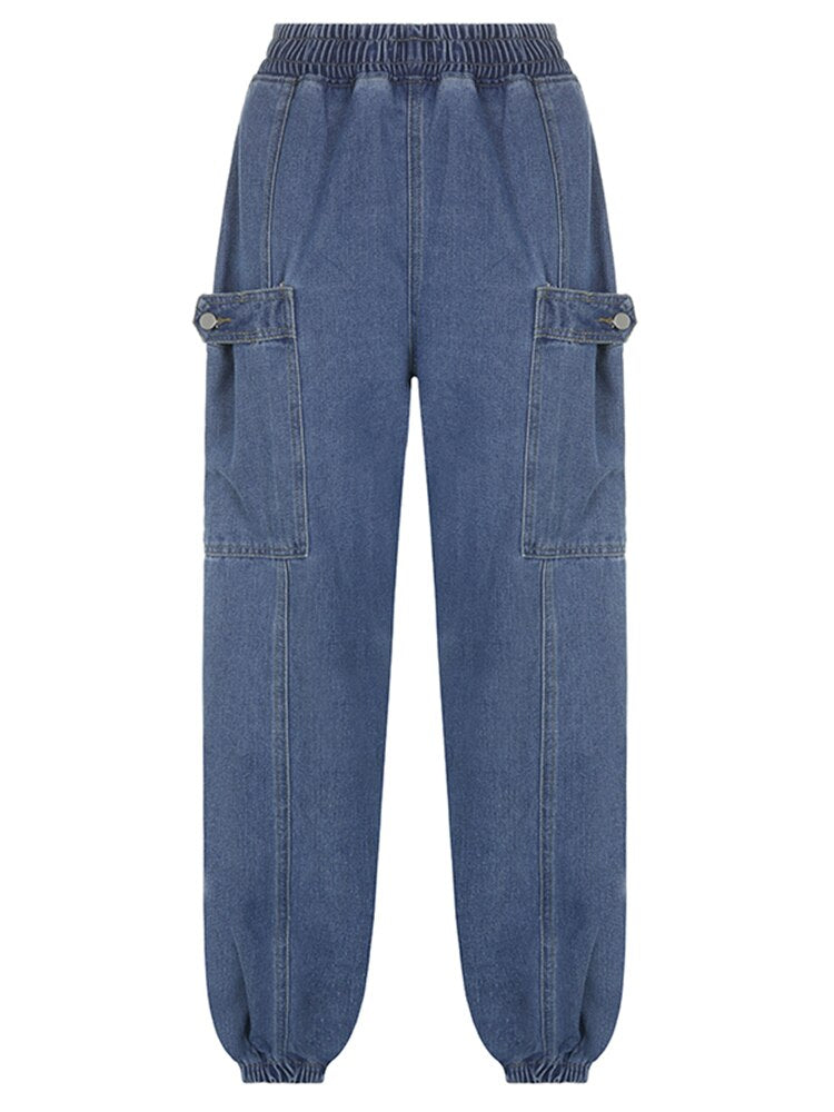 Elastic High Waist Pocket Straight Blue Mom Jeans