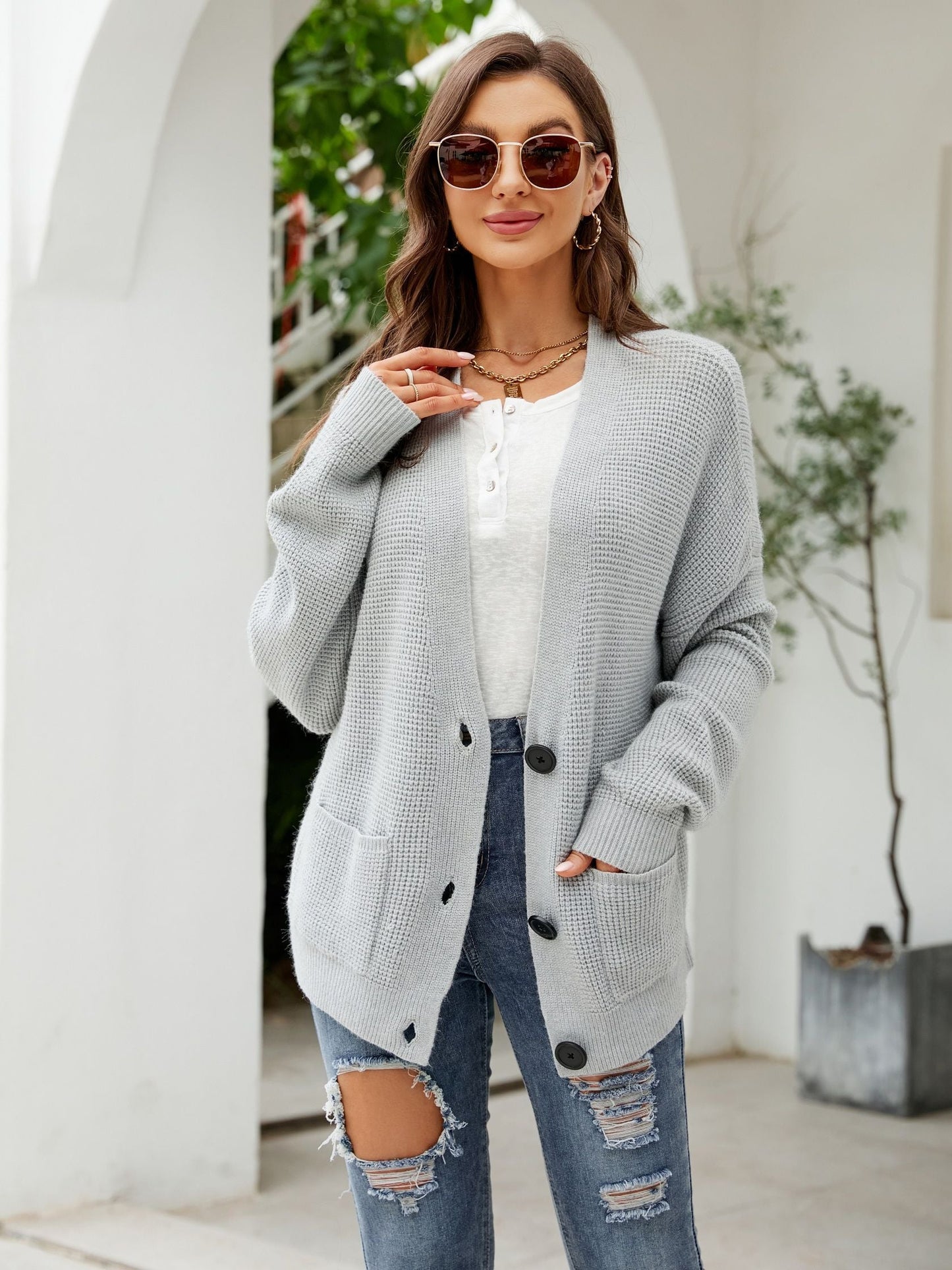 V-Neck Solid Color Pockets Loose Knitting Cardigan