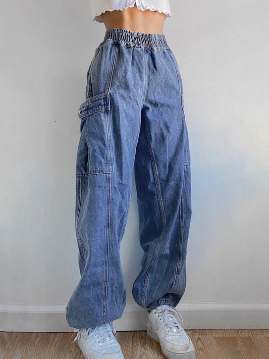 Elastic High Waist Pocket Straight Blue Mom Jeans