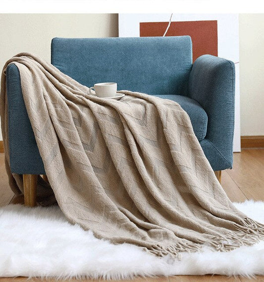 Nordic Tassel Knitted Sofa Blanket-Khaki