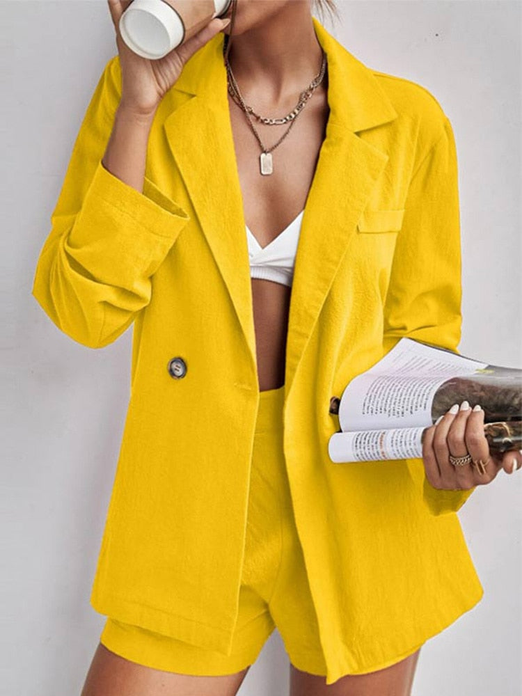 Women Blazer Shorts 2 Piece Sets 2022 Summer Casual Office Lady Minimalism Outfits Lapel Solid Tops And High Waist Shorts Suits