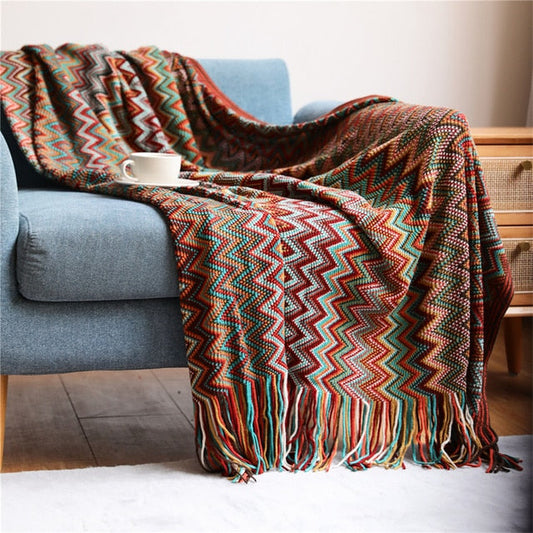 Bohemian Tasseled Knitted Blanket-Red