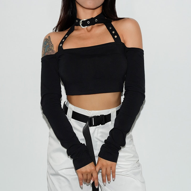 Black Off Shoulder Sleeveless Crop Top