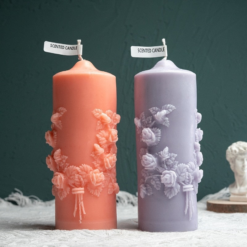 15cm long candles Embossed Rose Pillar Scented Candle lot wedding candles home decorative aromatic candles table centerpiece