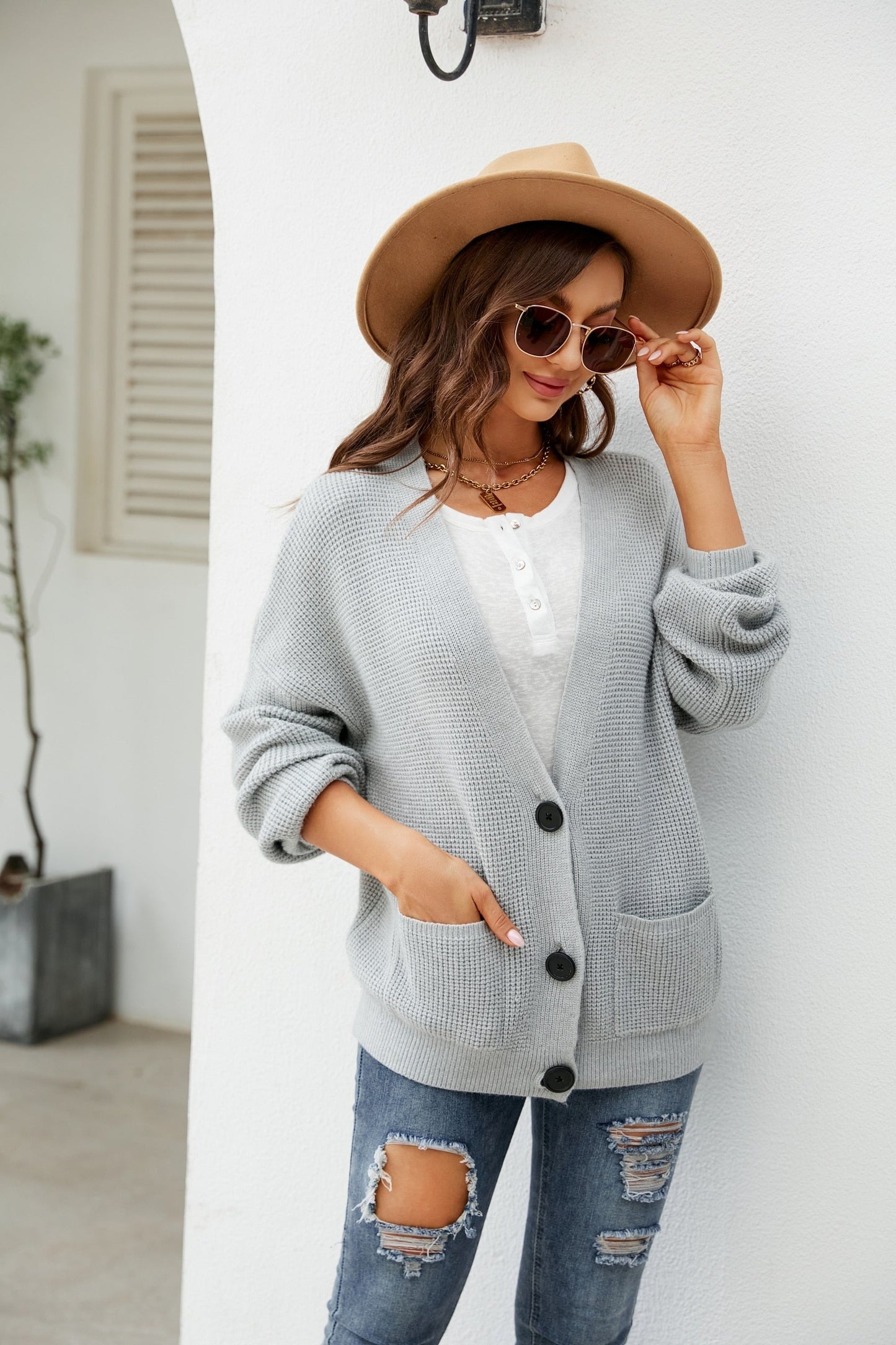 V-Neck Solid Color Pockets Loose Knitting Cardigan