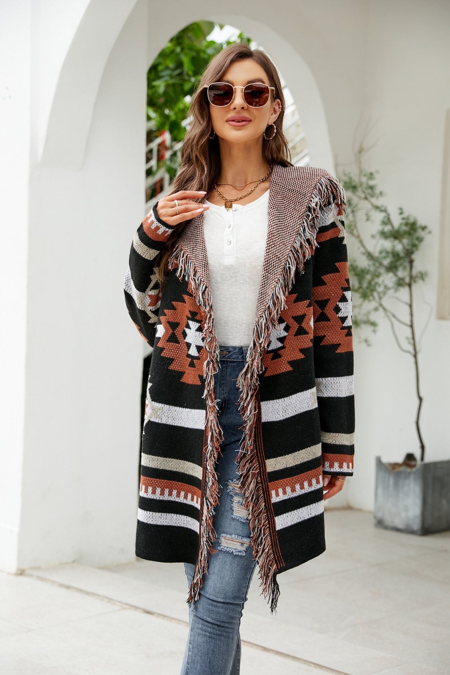 Long Knitted Jacquard Geometric Hooded Cardigan