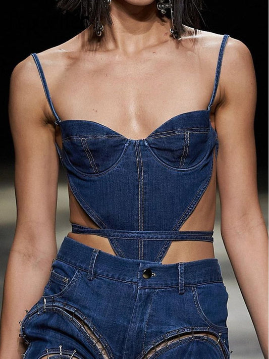 Blue Denim Skinny Corset Top