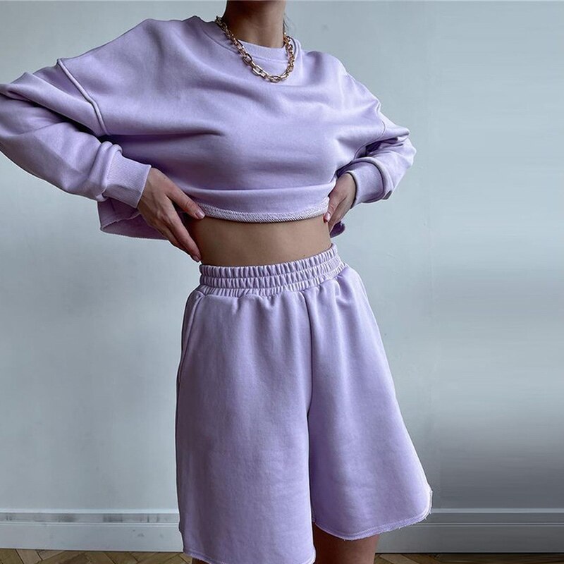 Long Sleeve Crop Top And High Waist Shorts Set