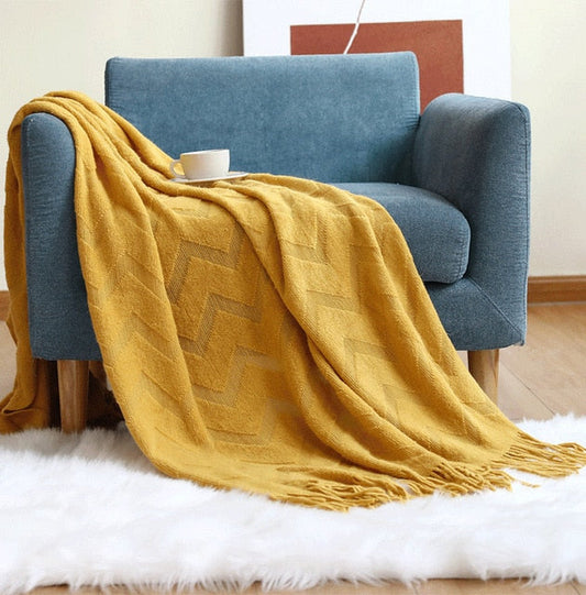 Nordic Tassel Knitted Sofa Blanket-Yellow