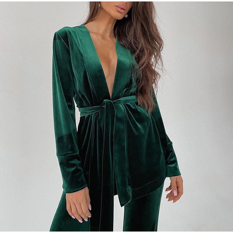 Deep V Neck Velvet Two Piece Set