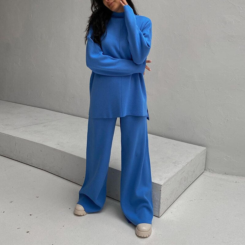 Knitted Turtleneck And Wide-Leg Pant Set