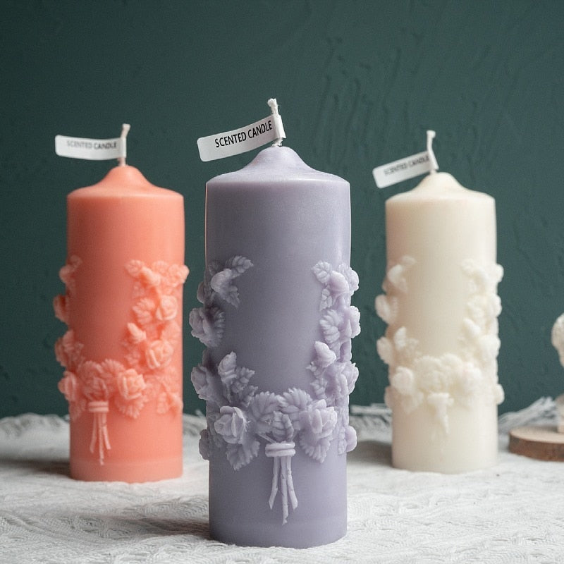 15cm long candles Embossed Rose Pillar Scented Candle lot wedding candles home decorative aromatic candles table centerpiece