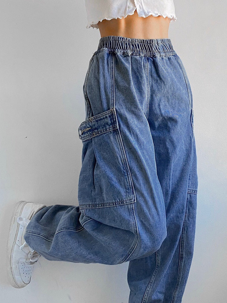 Elastic High Waist Pocket Straight Blue Mom Jeans