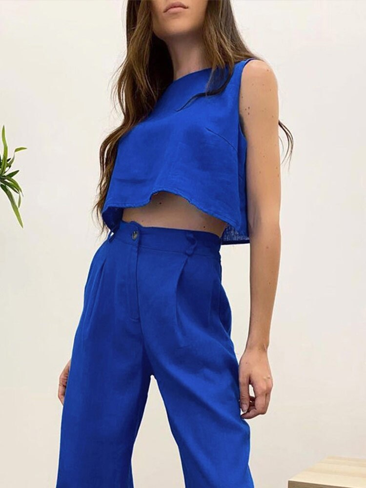 Casual Sleeveless Top And Wide Leg Pant Set