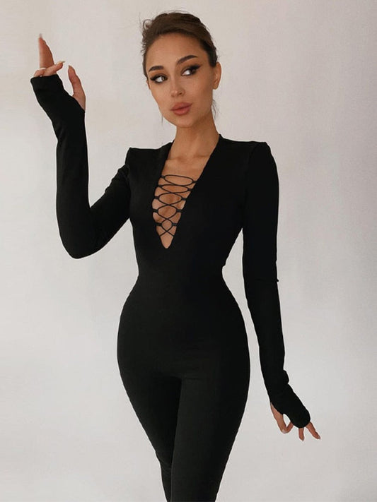 V-Neck Bodycon Shoulder Pads Long Sleeve Jumpsuit