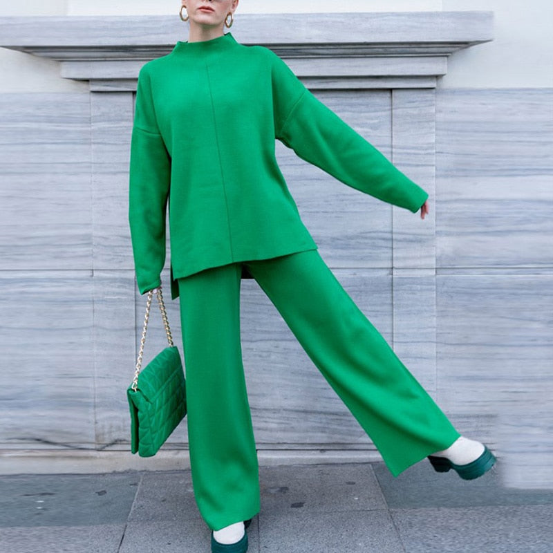 Knitted Turtleneck And Wide-Leg Pant Set