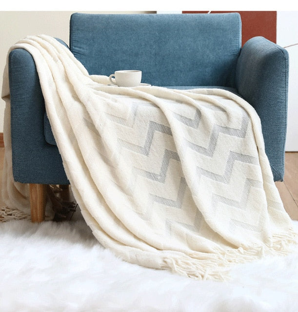 Nordic Tassel Knitted Sofa Blanket-Beige