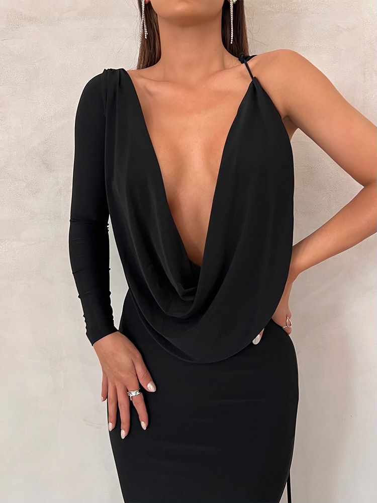 Long Backless Slip Draped Gown Dress