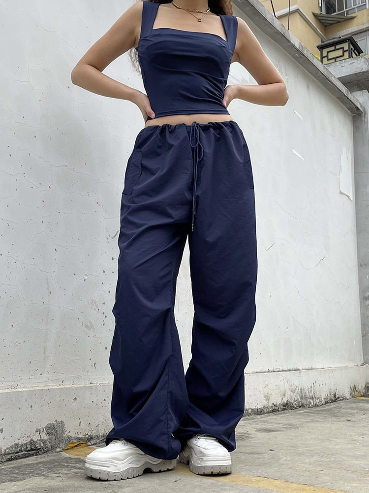 Low Waist Drawstring Jogger Baggy Retro Blue Pants