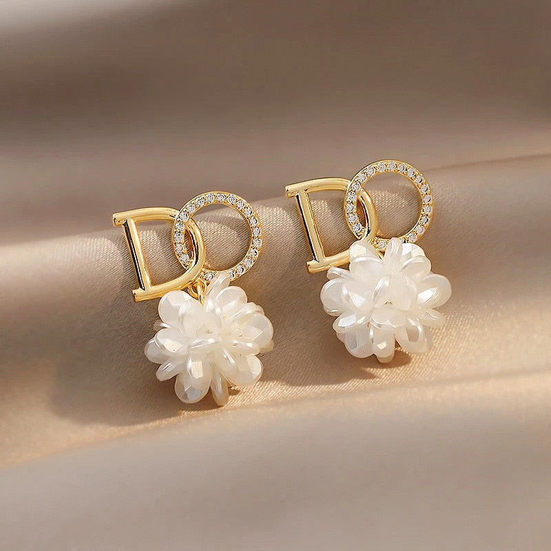 Crystal Pearl Gold Color Drop Earrings