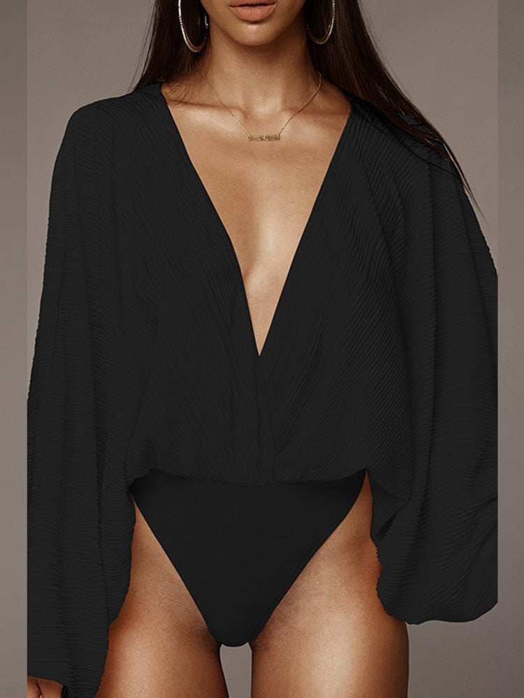 Deep V-Neck Pleated Sexy Bodysuit