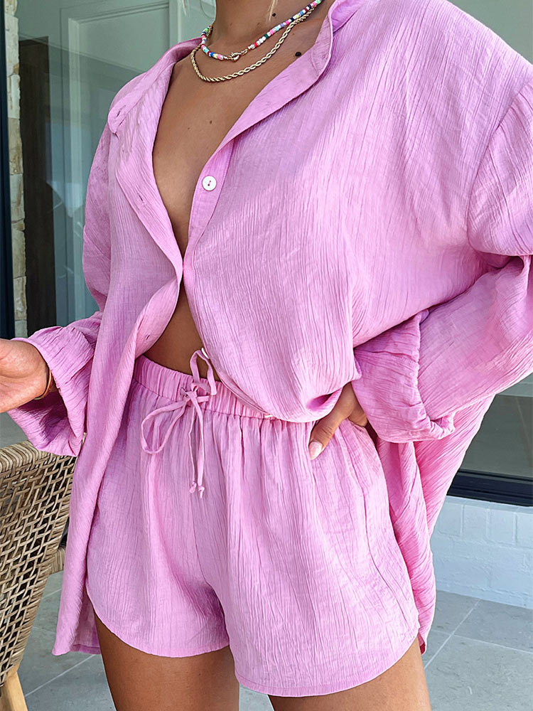 Casual Summer Women Two Pieces Set Lounge Wear O Neck Shirt Tops And Loose Shorts Suit 2022 New Solid Streetwear Tracksuits