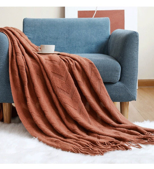 Nordic Tassel Knitted Sofa Blanket-Caramel