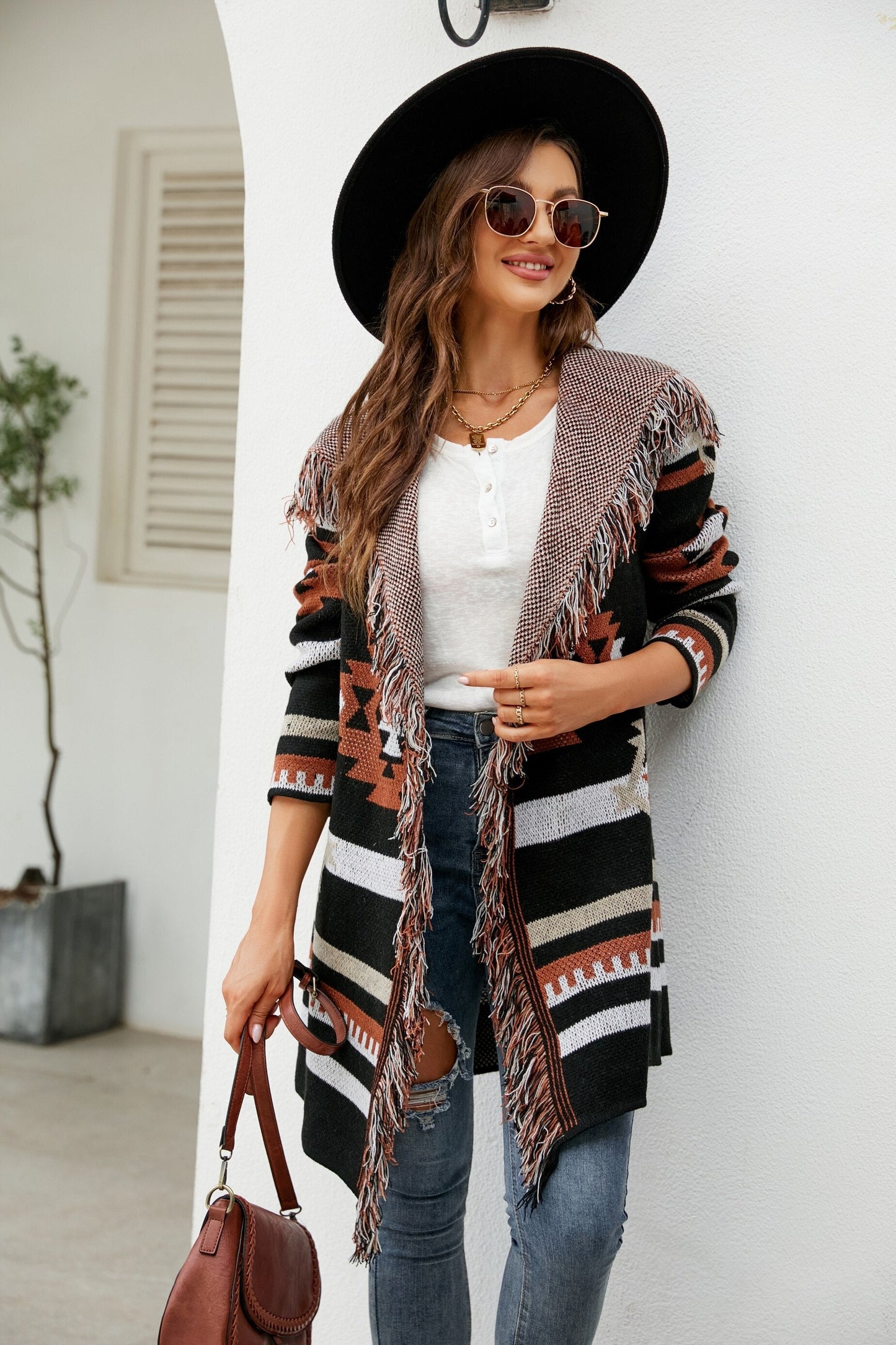 Long Knitted Jacquard Geometric Hooded Cardigan