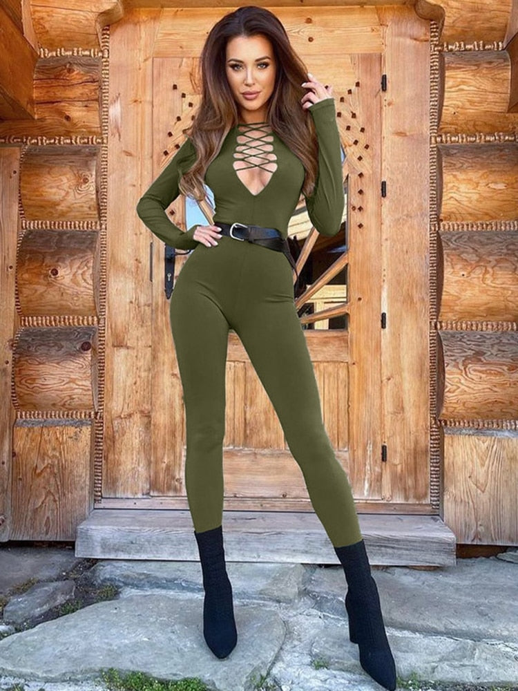 V-Neck Bodycon Shoulder Pads Long Sleeve Jumpsuit