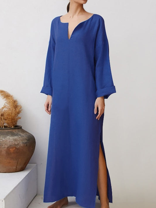 Linad's Loose Cotton Long Sleeve V-Neck Night Dress