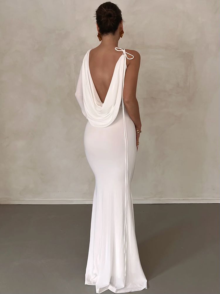 Long Backless Slip Draped Gown Dress