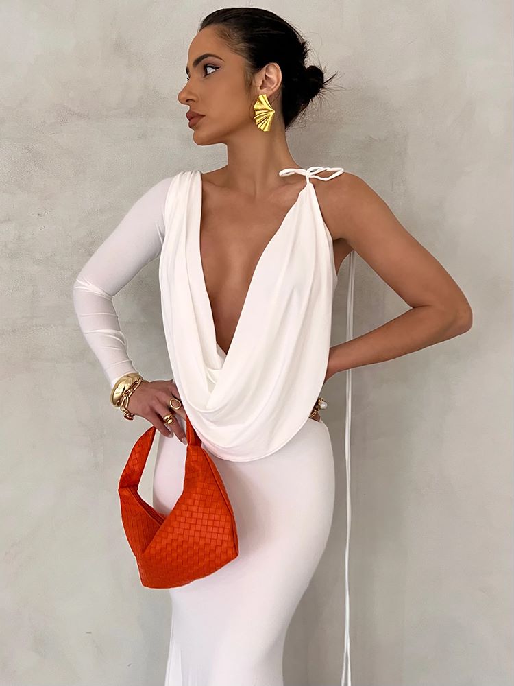 Long Backless Slip Draped Gown Dress