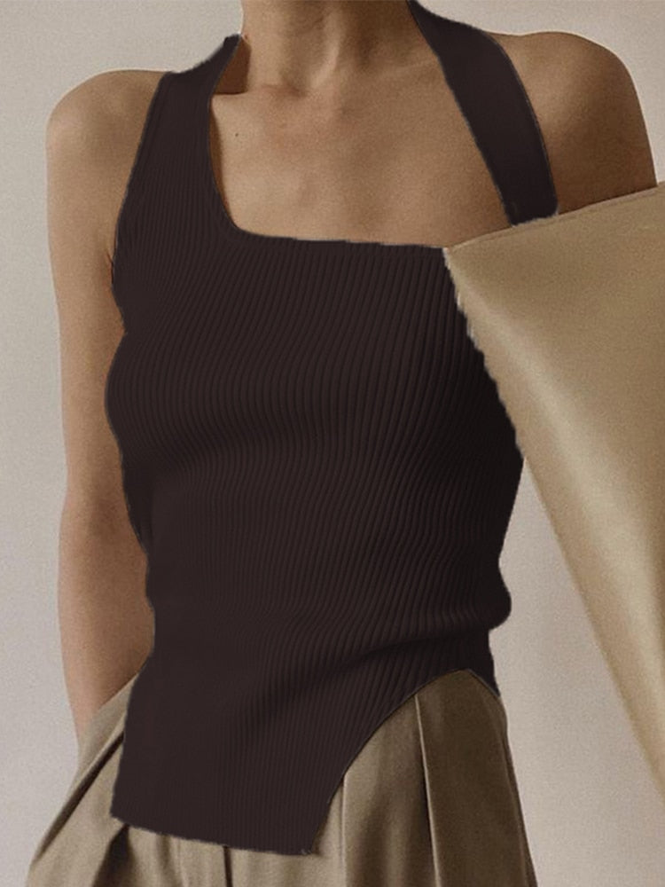 Summer Asymmetric Knit Camis Backless Drape Crop Top