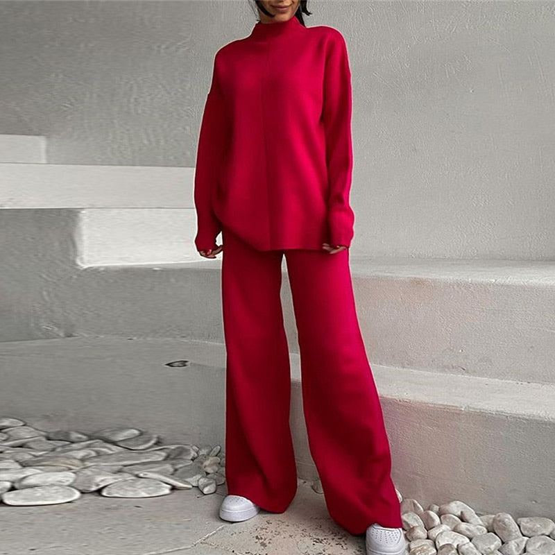 Knitted Turtleneck And Wide-Leg Pant Set