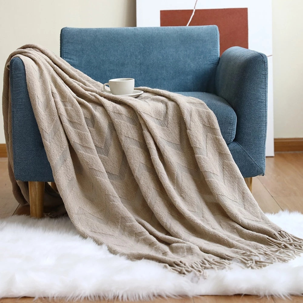 Nordic Tassel Knitted Sofa Blanket-Beige